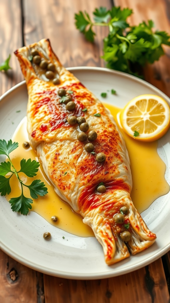 Lemon Butter Branzino garnished with parsley and lemon slices on a rustic table.